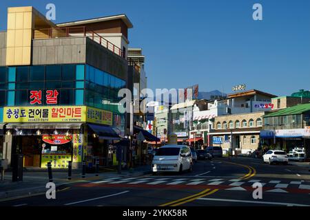 Sokcho, Corée du Sud - 3 novembre 2024 : une scène de rue dynamique dans le port de Daepo avec des restaurants et des magasins locaux bordant la route, mettant en vedette des s colorés Banque D'Images