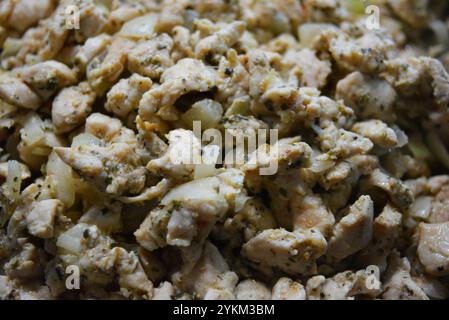 Préparation des aliments, petits morceaux de poulet avec des oignons blancs frits, cuits dans une poêle en métal noir. Banque D'Images