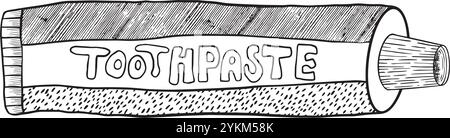 Il s'agit d'une illustration exquise dessinée à la main d'un tube de dentifrice, idéal pour tous les thèmes et sujets d'hygiène dentaire. Graphismes vectoriels en noir et blanc dessinés à la main en dessin au trait pour les matériaux imprimés, les intérieurs et plus encore. Illustration de Vecteur