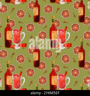 Un motif vibrant et animé qui comprend des boissons, des bouteilles et des tranches d'agrumes fraîches, parfait pour un design estival. Motif sans couture aquarelle pour l'impression sur tissu et papier. Banque D'Images