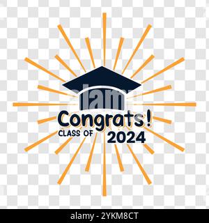 Classe de graduation de 2024 partie. Félicitations carte de voeux avec lettrage, casquette académique et feu d'artifice. Lettrage sur fond transparent Illustration de Vecteur