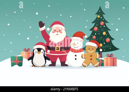 Père noël avec bonhomme de neige gingerbreadman et pingouin avec arbres de noël. Dessin animé mignon. Illustration vectorielle Illustration de Vecteur