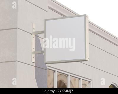 Blanc Blank Wall Sign Board maquette 3D avec bâtiment réaliste Banque D'Images