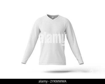 Vue avant Blanc Blank long Sleeve V-Neck T-shirt Mockup 3D réaliste Banque D'Images