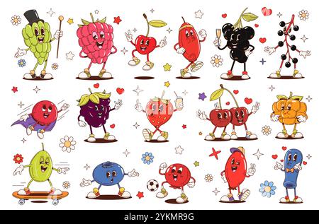 Personnages de fruits de baies groovy de dessin animé rétro, nourriture vectorielle. Framboise drôle, fraise et cerise, myrtille hippie psychédélique, canneberge, mûre et groseille, nourriture de baies groovy Illustration de Vecteur