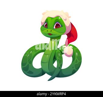 Dessin animé Noël personnage animal de serpent vert mignon avec de grands yeux bruns, portant un chapeau rouge de Père Noël. Reptile vecteur isolé symbole de l'année lunaire chinoise 2025, rayonnant de joie festive et de tradition Illustration de Vecteur