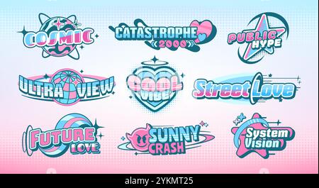 Autocollants d'étiquette Y2K avec des icônes abstraites rétro funky ou modernes, pack vectoriel. Autocollants Y2K avec planète spatiale ou galaxie futuriste et cœur d'amour avec étoile et dessin animé diable et étiquettes tendance cool Vibe Illustration de Vecteur