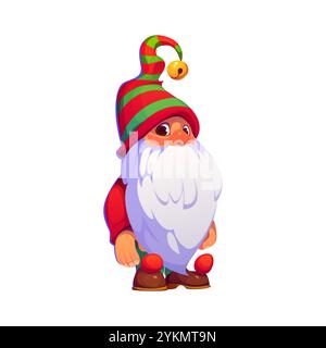 Personnage nain de Noël de dessin animé dans une tenue festive rouge et verte, avec une barbe moelleuse et un chapeau pointu rayé, répandant la joie des fêtes et aidant le Père Noël avec les préparatifs de Noël pendant la saison magique Illustration de Vecteur