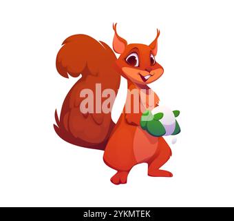 Personnage animal écureuil de Noël de dessin animé tenant boule de neige et souriant. Personnage forestier vectoriel isolé avec ses yeux brillants et ses oreilles perky, répand chaleur et joie dans un pays des merveilles hivernales fantaisistes Illustration de Vecteur