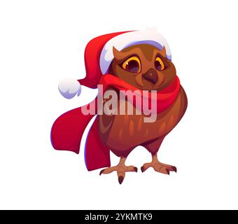 Personnage de Noël hibou de dessin animé portant un chapeau de Père Noël rouge et une écharpe, ajoutant une touche de chaleur d'hiver et d'esprit de vacances. Vecteur isolé festif brun joyeux oiseau hibou prêt pour la célébration saisonnière de Noël Illustration de Vecteur
