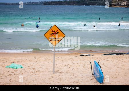 Panneau avertissant les nageurs du courant dangereux à Bondi Beach, tandis que les surfeurs attendent dans l'océan Banque D'Images