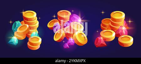 Trésor éclatant composé de pièces d'or empilées dispersées près de pierres précieuses vibrantes de différentes couleurs. Les cristaux brillants réfléchissent la lumière sur fond sombre. Interface de jeu ou loot de récompenses bonus. Illustration de Vecteur