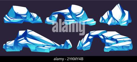 Formations glaciaires de structures arctiques cristallines de formes diverses. Masses de glace de motifs géométriques angulaires avec des reflets turquoise lumineux pour la conception de l'environnement de jeu, éléments de paysage d'hiver. Illustration de Vecteur