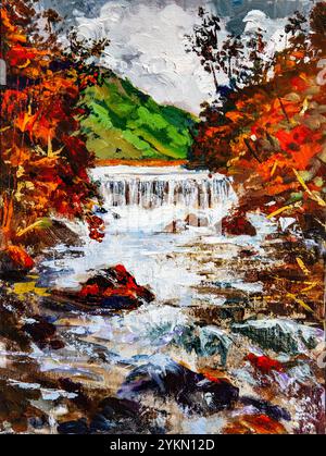 Peinture à l'huile d'une cascade traversant une forêt d'automne, avec un feuillage d'automne vibrant et un flux d'eau dynamique Banque D'Images