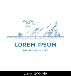 Vie sous-marine minimaliste simple, sable de pierre et poisson d'herbe pour Aquarium Aquascape illustration logo Design Vector Illustration de Vecteur
