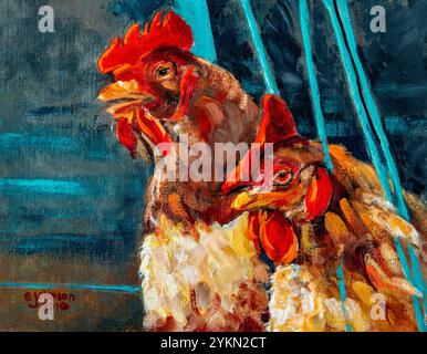 Des coups de pinceau colorés représentent deux poulets dans une composition dynamique, mettant en valeur un mélange de réalisme et d'interprétation artistique Banque D'Images