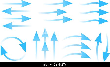 Flèches de débit réglées. Éléments bleus des boutons de vapeur d'air, de ventilateur ou de climatiseur. Directions de flux plats, symboles vectoriels de vent ou de courants d'air frais et Illustration de Vecteur