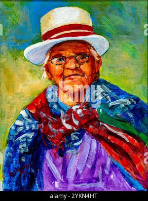 Peinture acrylique représentant une femme aînée indigène avec des lunettes, portant un chapeau blanc, un châle coloré et des vêtements traditionnels Banque D'Images