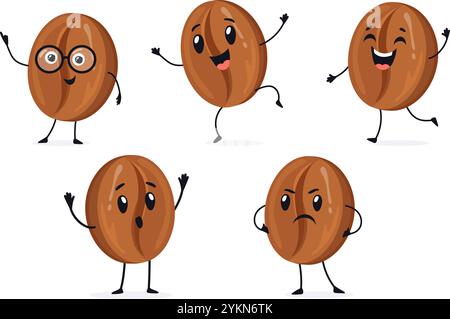 Mascotte de grains de café. Haricots emoji cafe mascotte personnages de dessins animés mignons avec des yeux de visage heureux ou en colère mains et jambes, émoticônes drôles set illustration vectorielle illustration originale Illustration de Vecteur