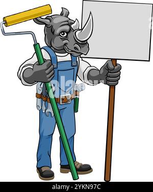 Rhino Painter Decorator Paint Roller Mascot Homme Illustration de Vecteur