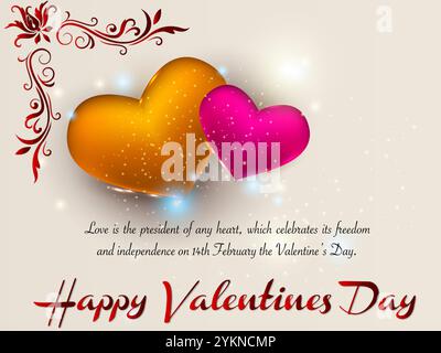 Carte de Saint-Valentin avec deux coeurs dessus. La carte dit bonne Saint Valentin. Les coeurs sont roses et oranges. Mis en surbrillance avec le texte de citation d'amour Illustration de Vecteur