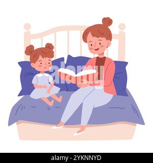 Une mère lit un livre à sa fille avant d'aller se coucher. Mère racontant un conte de fées à sa petite fille. Adorables personnages de dessins animés isolés sur bac blanc Illustration de Vecteur