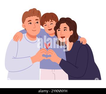 Famille heureuse embrassant. Maman papa et fils. Symbole de coeur avec des mains. Des parents heureux embrassant leur fils adoptif Illustration de Vecteur