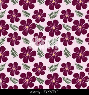 Motif floral sans couture avec des fleurs violettes et des feuilles vertes sur fond blanc. Motif de fleurs pour tissus, papiers peints, textile et décoration. Illustration de Vecteur