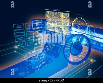 Cockpit de voiture futuriste avec commande d'affichage spatial GUI Banque D'Images