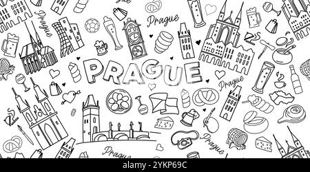 Horizontal Prague doodles, icônes de collection d'éléments décoratifs de bande dessinée. illustration vectorielle Illustration de Vecteur