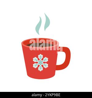 Boisson de Noël dessinée à la main dans une tasse rouge avec flocon de neige et vapeur dessus. Icône de boisson chaude hivernale. Tasse d'autocollant cacao. Illustration vectorielle. Illustration de Vecteur