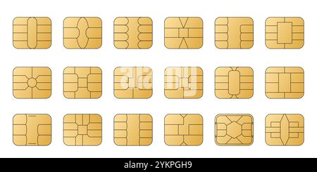 Icônes vectorielles dorées de puce EMV. Paiement sans contact aux terminaux et aux distributeurs automatiques de billets. Définir le symbole nfc de ligne. Micropuces informatiques carrées pour cartes de crédit et de débit. Illustration de Vecteur