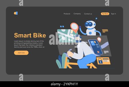 Concept de technologie IA. L'homme interagit avec un assistant robotique avancé tout en faisant de l'exercice sur un vélo intelligent. Fitness et innovation fusionnent. Illustration vectorielle. Illustration de Vecteur