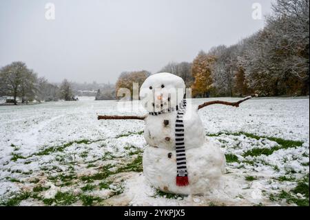 Oxford s'est réveillé à la surprise d'une chute de neige tôt en novembre. La circulation était lente en raison des conditions, mais beaucoup se sont dirigés vers de grands parcs, comme South Park, qui surplombe les célèbres flèches d'Oxford, pour jouer dans la neige. Banque D'Images