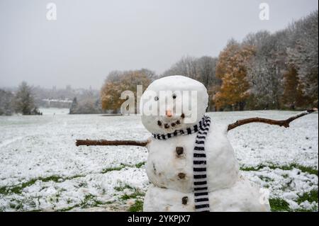 Oxford s'est réveillé à la surprise d'une chute de neige tôt en novembre. La circulation était lente en raison des conditions, mais beaucoup se sont dirigés vers de grands parcs, comme South Park, qui surplombe les célèbres flèches d'Oxford, pour jouer dans la neige. Banque D'Images