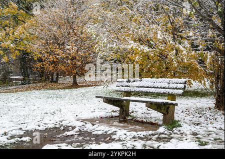 Oxford s'est réveillé à la surprise d'une chute de neige tôt en novembre. La circulation était lente en raison des conditions, mais beaucoup se sont dirigés vers de grands parcs, comme South Park, qui surplombe les célèbres flèches d'Oxford, pour jouer dans la neige. Banque D'Images