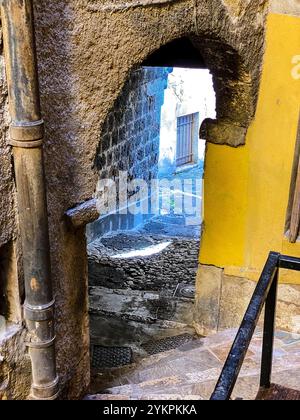 Die Altstadt von Grasse, der Parfümstadt in Südfrankreich, dekoriert mit geöffneten Regenschirmen über den Gassen. Banque D'Images