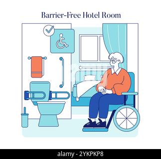 Concept d'hébergement accessible. Une personne âgée en fauteuil roulant bénéficie du confort dans une chambre d'hôtel sans obstacle. Caractéristiques d'accessibilité pour un voyage inclusif. Illustration vectorielle. Illustration de Vecteur