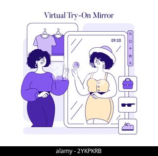 Concept de styliste AI. Une femme expérimente différentes tenues à l'aide d'un miroir d'essai virtuel, explorant les choix de mode avec la technologie. Illustration vectorielle. Illustration de Vecteur
