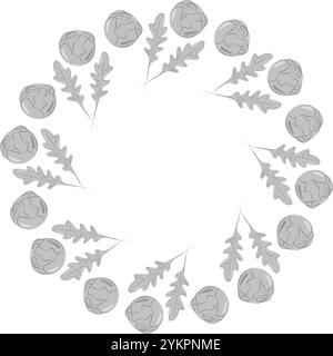 Feuilles de roquette et choux de Bruxelles bordure ronde en niveaux de gris. Modèle de fiches d'alimentation saine. Illustration vectorielle isolée blogs thématiques, affiches, bannière, dépliants, étiquette de prix, étiquette ou promo web Illustration de Vecteur