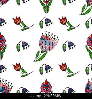 Motif sans couture. Ornement de fleurs folkloriques. Motif dans le style dessiné à la main. Imprimer pour la conception de tissu, textile, tissu, etc Illustration de Vecteur