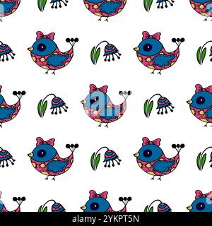 Motif sans couture. Oiseau folklorique et ornement de fleur. Motif dans le style dessiné à la main. Imprimer pour la conception, textile, papier d'emballage, décoration de chambre d'enfants, e Illustration de Vecteur