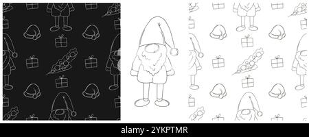 Vacances de Noël. Chapeaux du nouvel an, gnomes, cadeaux. Définissez les motifs monochromes dans le style de dessin à la main. Peut être utilisé pour le tissu, l'emballage et etc Illustration de Vecteur