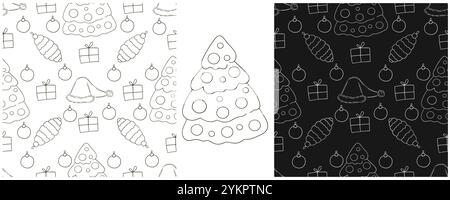 Vacances de Noël. Arbres de Noël, chapeaux, cadeaux. Définissez les motifs monochromes dans le style de dessin à la main. Peut être utilisé pour le tissu et etc Illustration de Vecteur