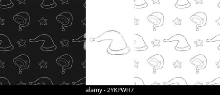 Vacances de Noël. Chapeaux du nouvel an, étoiles. Définissez les motifs monochromes dans le style de dessin à la main. Peut être utilisé pour le tissu, l'emballage, l'emballage et etc Illustration de Vecteur