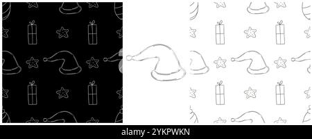 Noël. Définissez les motifs monochromes dans le style de dessin à la main. Chapeaux du nouvel an, cadeaux. Peut être utilisé pour le tissu Illustration de Vecteur