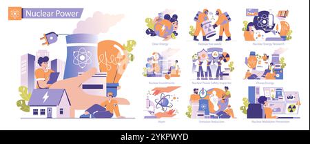 Groupe d'énergie nucléaire. Divers aspects de l'énergie atomique, de l'électricité claire et des investissements à la gestion des déchets et à la prévention de la fusion. Illustration vectorielle. Illustration de Vecteur