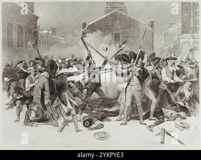 Gravure du massacre de Boston, Amérique du Nord. 1770 le massacre de Boston (connu en Grande-Bretagne sous le nom d'incident sur King Street) est une confrontation à Boston le 5 mars 1770, au cours de laquelle neuf soldats britanniques ont tiré sur plusieurs personnes d'une foule de trois ou quatre cents personnes qui les harcelaient verbalement et lançaient divers projectiles. L'événement a été largement médiatisé comme un « massacre » par des patriotes de premier plan tels que Paul Revere et Samuel Adams. Des troupes britanniques étaient stationnées dans la province de Massachusetts Bay depuis 1768 afin de soutenir les fonctionnaires nommés par la Couronne et de faire respecter les légis parlementaires impopulaires Banque D'Images