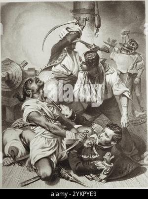 Le conflit de Decatur avec l'algérien à Tripoli. Reuben James interposant sa tête pour sauver la vie de son commandant. Août 1804. Copie de gravure d'après Alonzo Chappel. La première guerre de Barbarie (1801-1805), également connue sous le nom de guerre du Tripolitain et de guerre de la côte de Barbarie, est un conflit au cours des guerres de Barbarie de 1801 à 1815, au cours desquelles les États-Unis et la Suède ont combattu la Tripolitaine ottomane. Banque D'Images