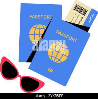 Deux passeports avec carte d'embarquement et lunettes de soleil en illustration vectorielle plate symbolisant voyage, vacances et aventure, isolé sur fond blanc Illustration de Vecteur